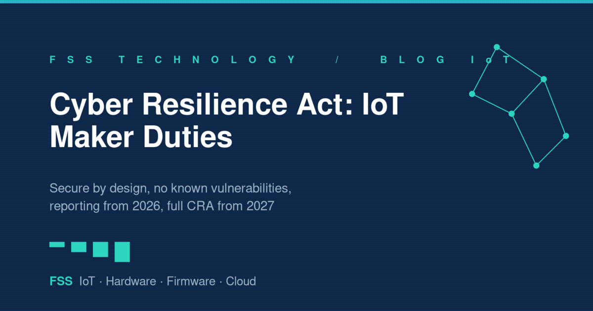 Cyber Resilience Act for IoT devices - secure-by-design requirements, reporting deadlines and conformity assessment duties, FSS Technology graphic