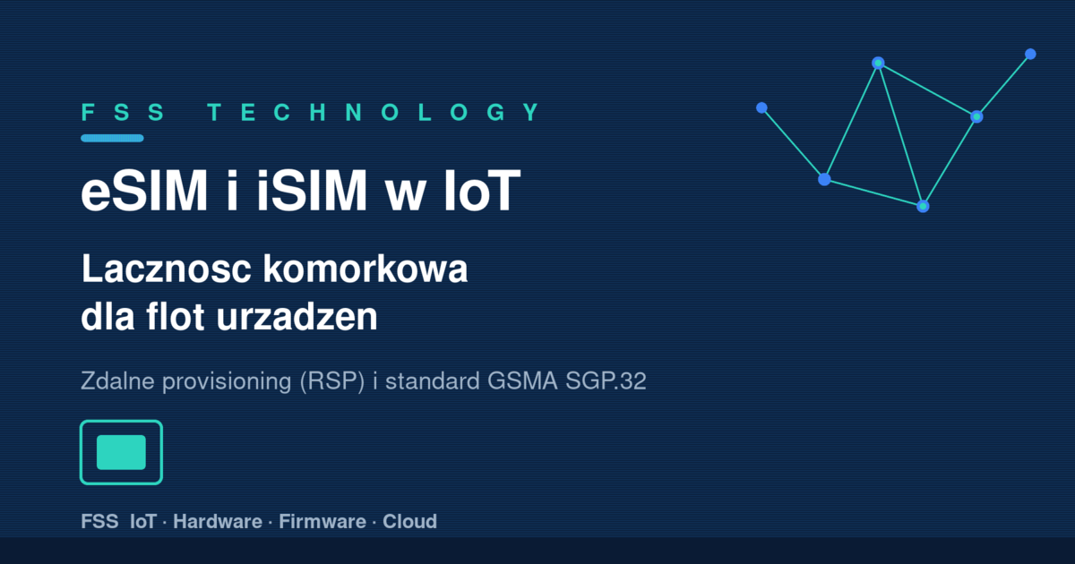 Diagram łączności eSIM i iSIM w IoT: eUICC, zdalne provisioning profili RSP i chmura zarządzająca flotą urządzeń