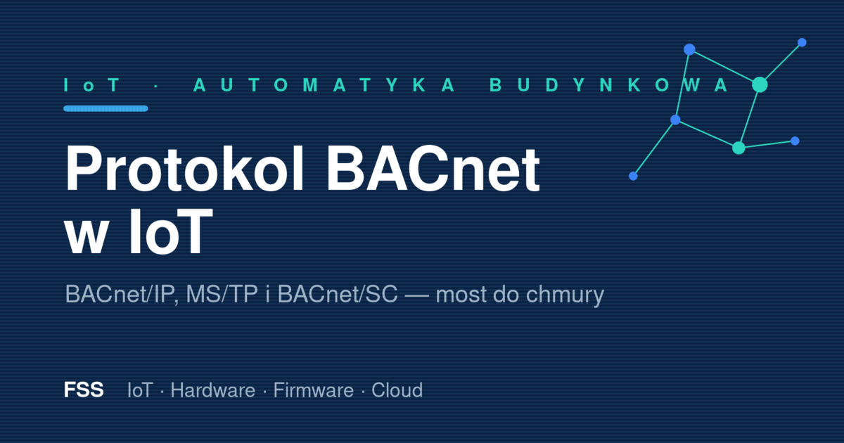 Diagram protokołu BACnet w IoT: sterowniki HVAC i liczniki łączą się przez bramkę z chmurą — model obiektów i usług automatyki budynkowej