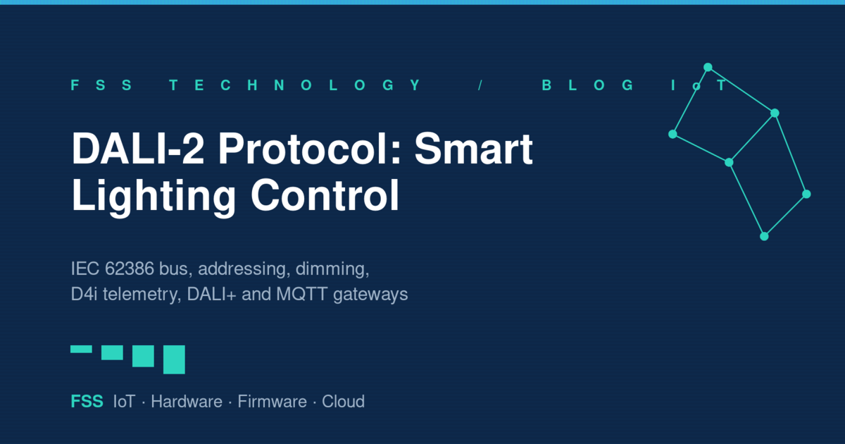 DALI-2 protocol — digital lighting control bus, addressing, D4i telemetry and an MQTT gateway, FSS Technology graphic