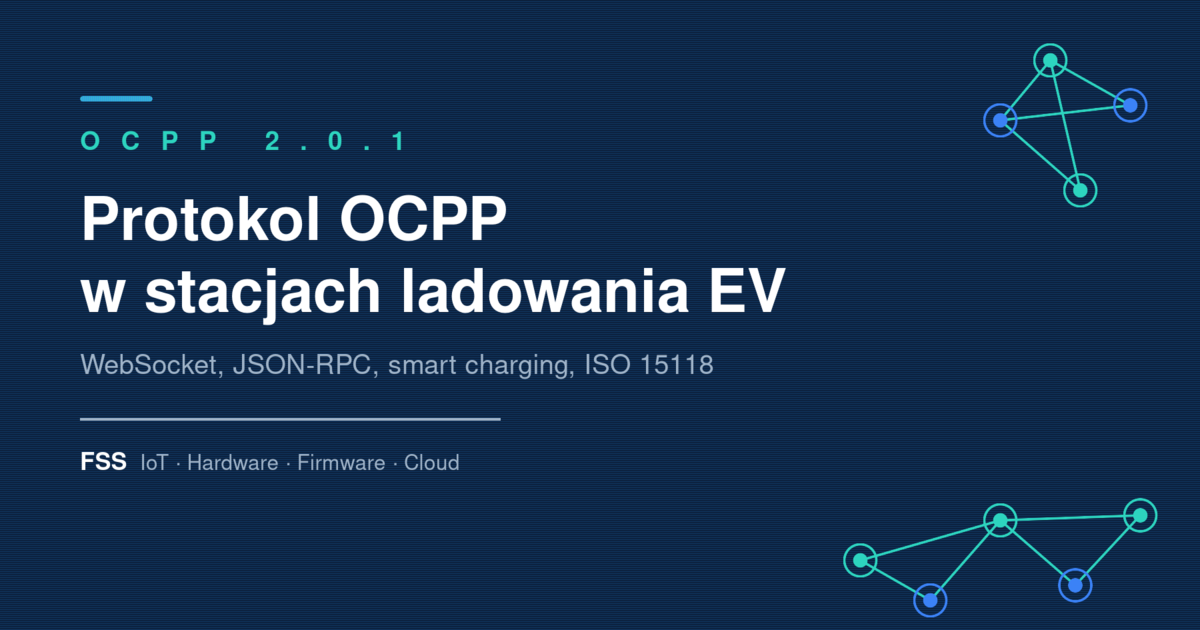 Protokół OCPP — schemat komunikacji stacji ładowania EV z systemem CSMS przez WebSocket, grafika FSS Technology
