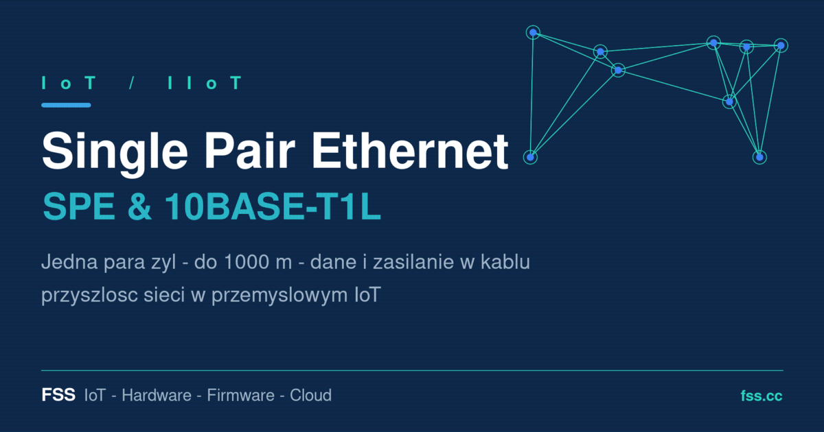 Diagram Single Pair Ethernet w przemysłowym IoT: jedna para przewodów łącząca czujniki 10BASE-T1L, switch i bramkę FSS z zasilaniem SPoE