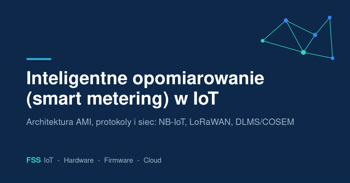 Inteligentne opomiarowanie (smart metering) w IoT - schemat architektury AMI z licznikami, siecia NB-IoT i LoRaWAN oraz chmura, na granatowym tle marki FSS