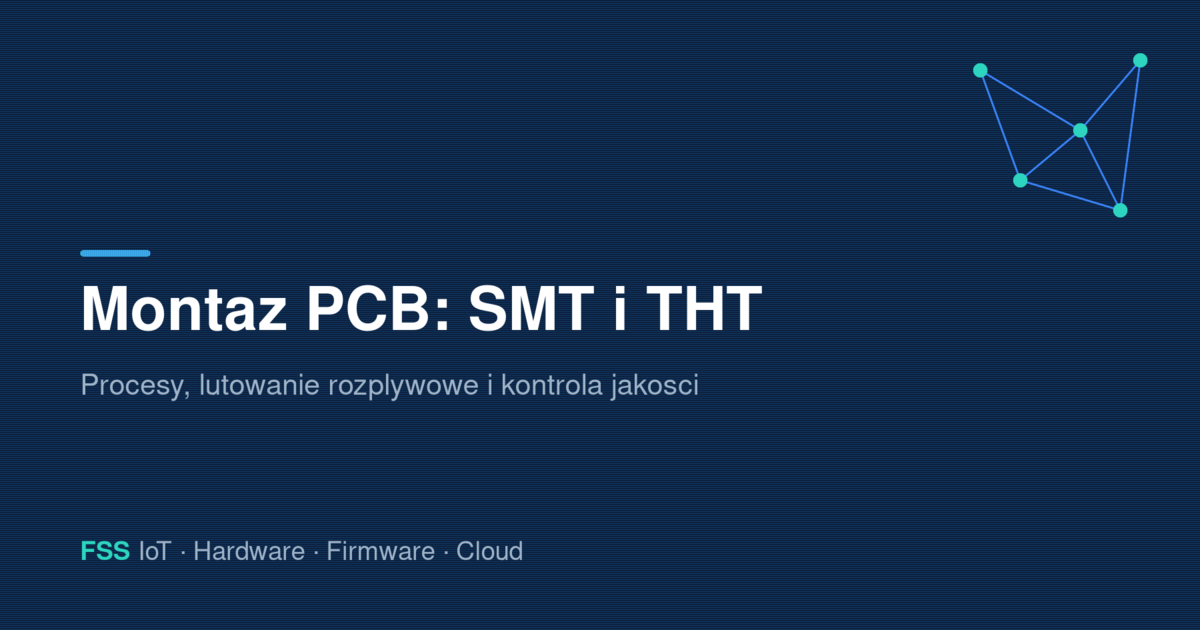 Montaż PCB — linia SMT z automatem pick-and-place i piecem do lutowania rozpływowego, granatowe tło z akcentami turkusu i logo FSS