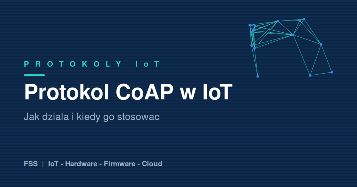 Grafika ilustrujaca protokol CoAP w IoT: granatowe tlo z siatka polaczonych wezlow czujnikow oraz tytul wpisu i logo FSS.