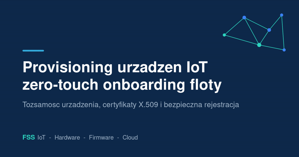 Provisioning urzadzen IoT - schemat zero-touch onboarding floty: urzadzenie z certyfikatem X.509, rejestracja w chmurze i polaczenie z platforma, na granatowym tle marki FSS
