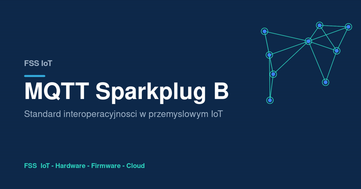 MQTT Sparkplug B w przemyslowym IoT - schemat siatki polaczonych urzadzen, brokera i systemu SCADA na granatowym tle FSS